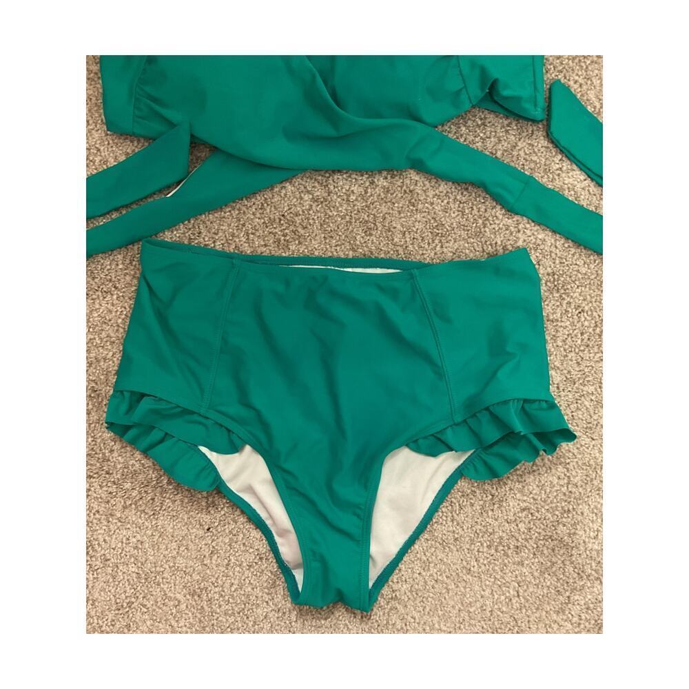 Shekini Women's Cross Wrap Ruffle Hight Waisted Green Bikini, L - Picture 4 of 6